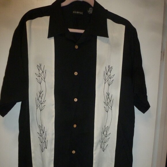 George Mens Embroidered Black/White Buttoned Short Sleeve Dress Shirt SzM(38/40) - Picture 2 of 7